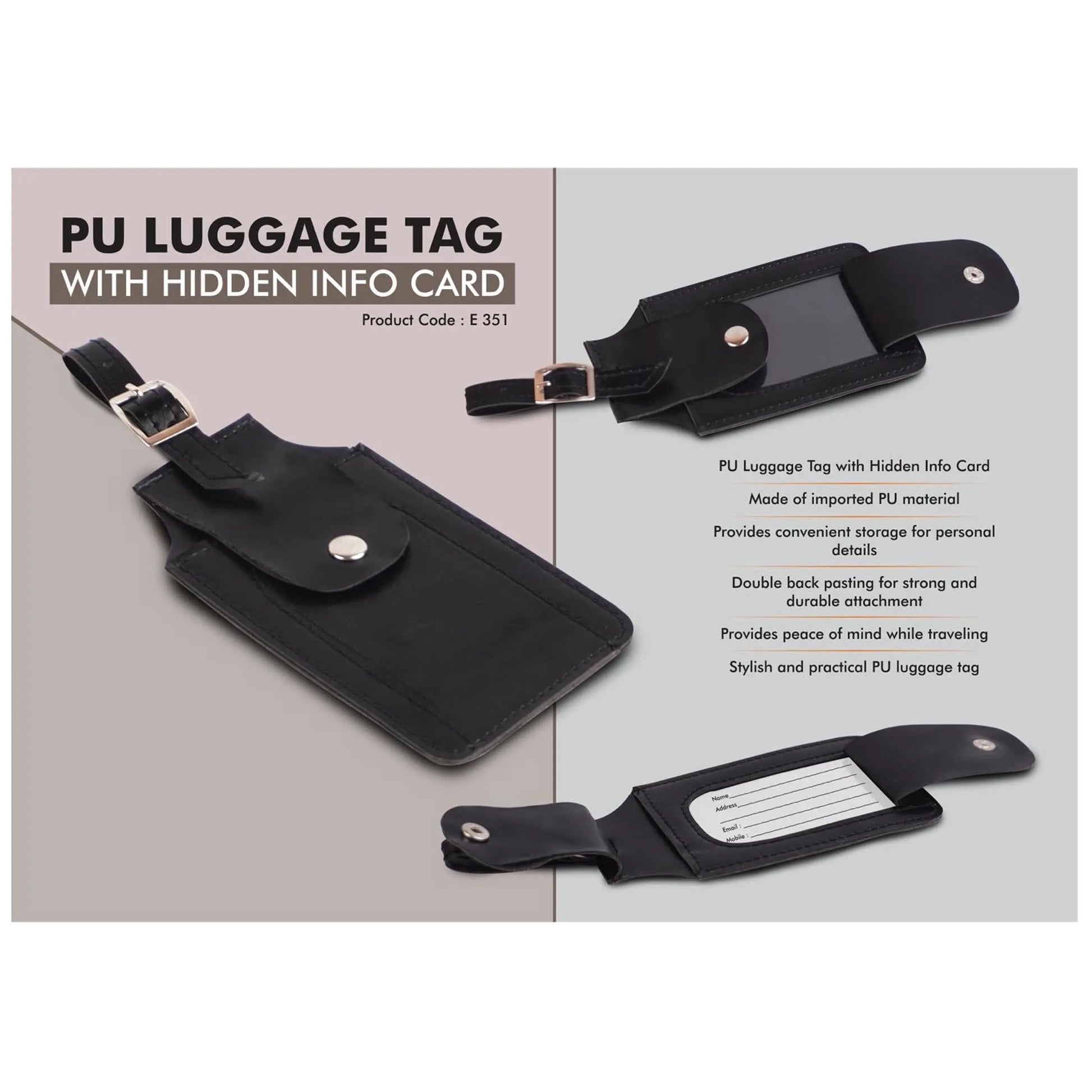 PU Luggage Tag with Hidden Info Card | Double back pasting -  E 351 MARSH Corporate gifts