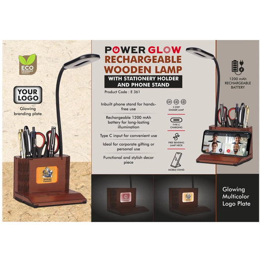PowerGlow Wooden 3 step Dimmer Lamp With Glowing  Multicolor Logo plate & Phone stand | Rechargeable 1200 mAh  battery | Type C input | Branding MOQ 200 pc  - E 361 MARSH Corporate gifts