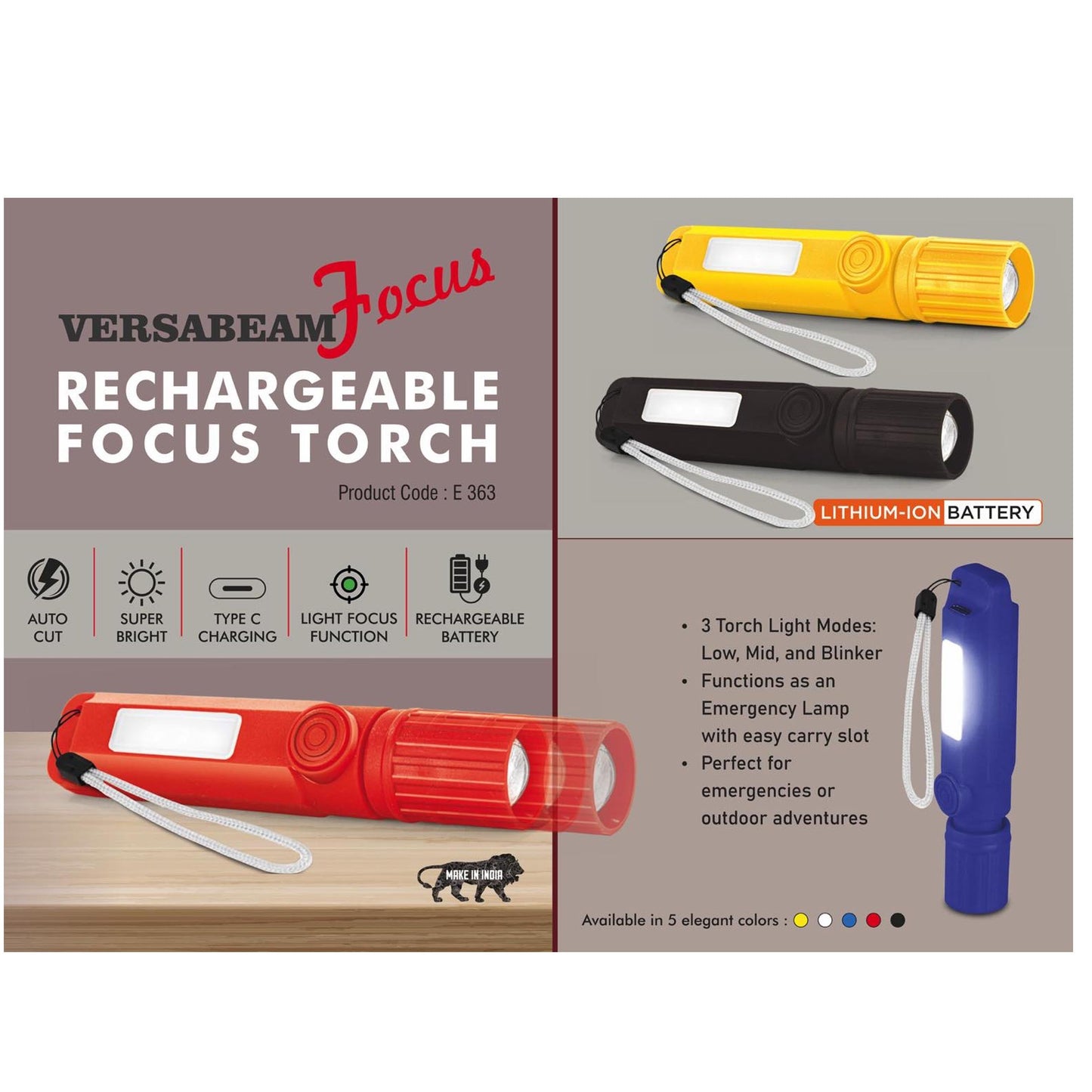 VersaBeam Focus: Rechargeable Focus Torch with 2 Light  modes, Blinker and Emergency Lamp | Type C Charging | With  Carabine - E 363 MARSH Corporate gifts