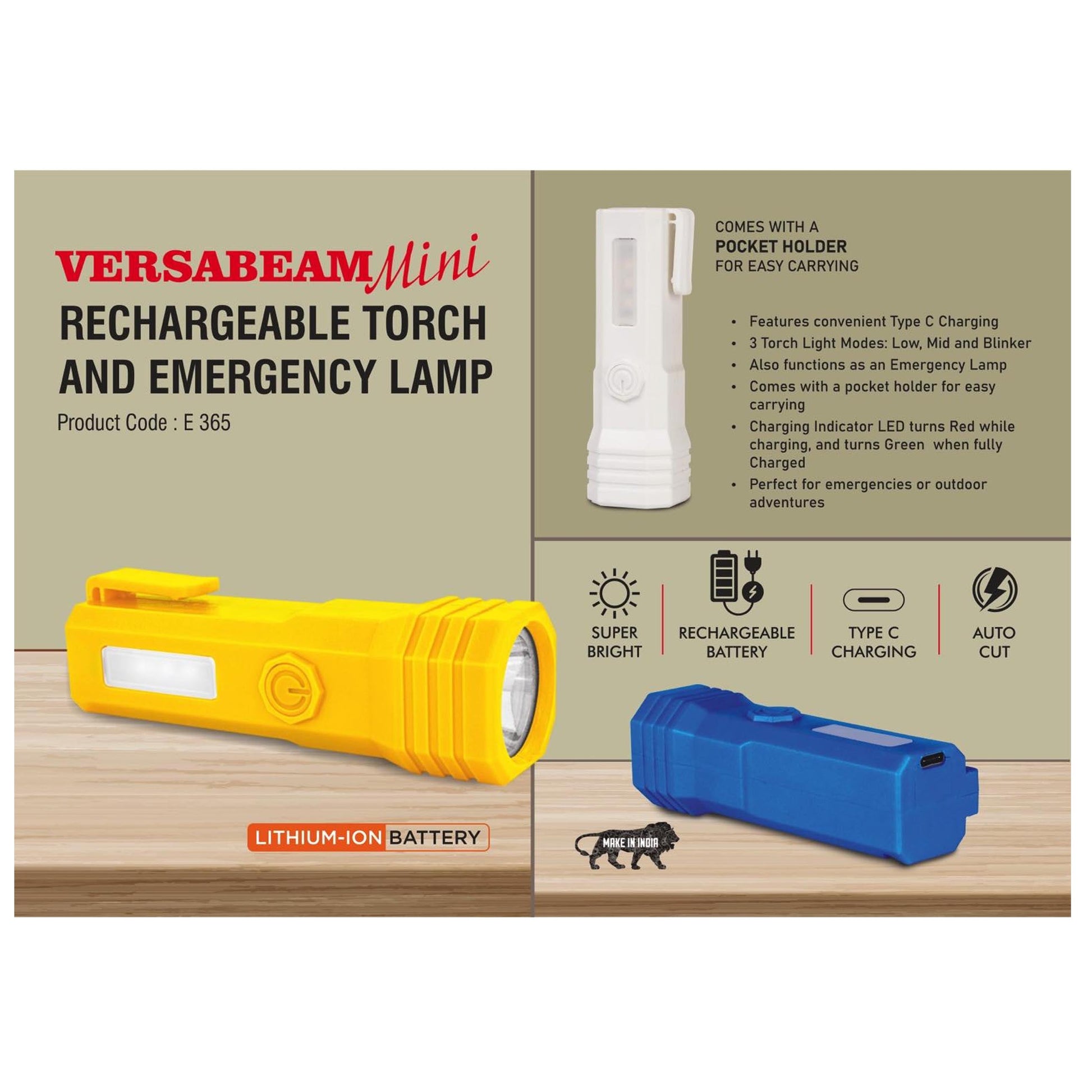 VersaBeam Mini: Rechargeable Torch with 2 Light modes,  Blinker and Emergency Lamp | Type C Charging | With Pocket clip - E 365 MARSH Corporate gifts