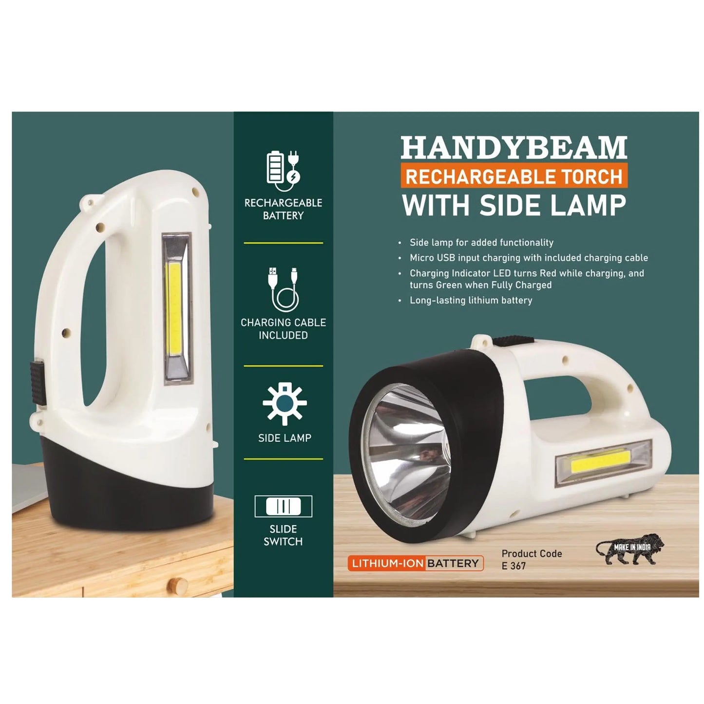 HandyBeam: Rechargeable Torch with Side Lamp | Charging  Cable included - E 367 MARSH Corporate gifts