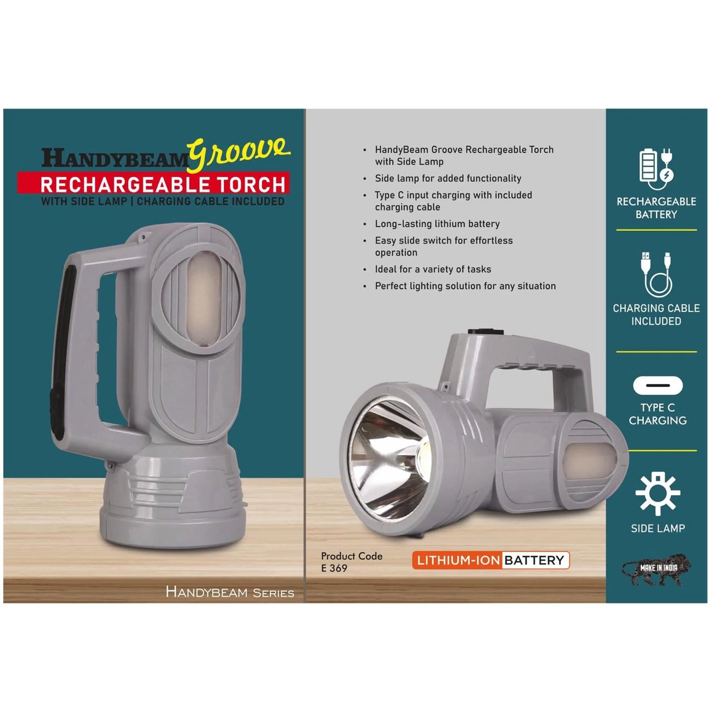 HandyBeam Groove: Rechargeable Torch with Side Lamp |  Charging Cable included - E 369 MARSH Corporate gifts