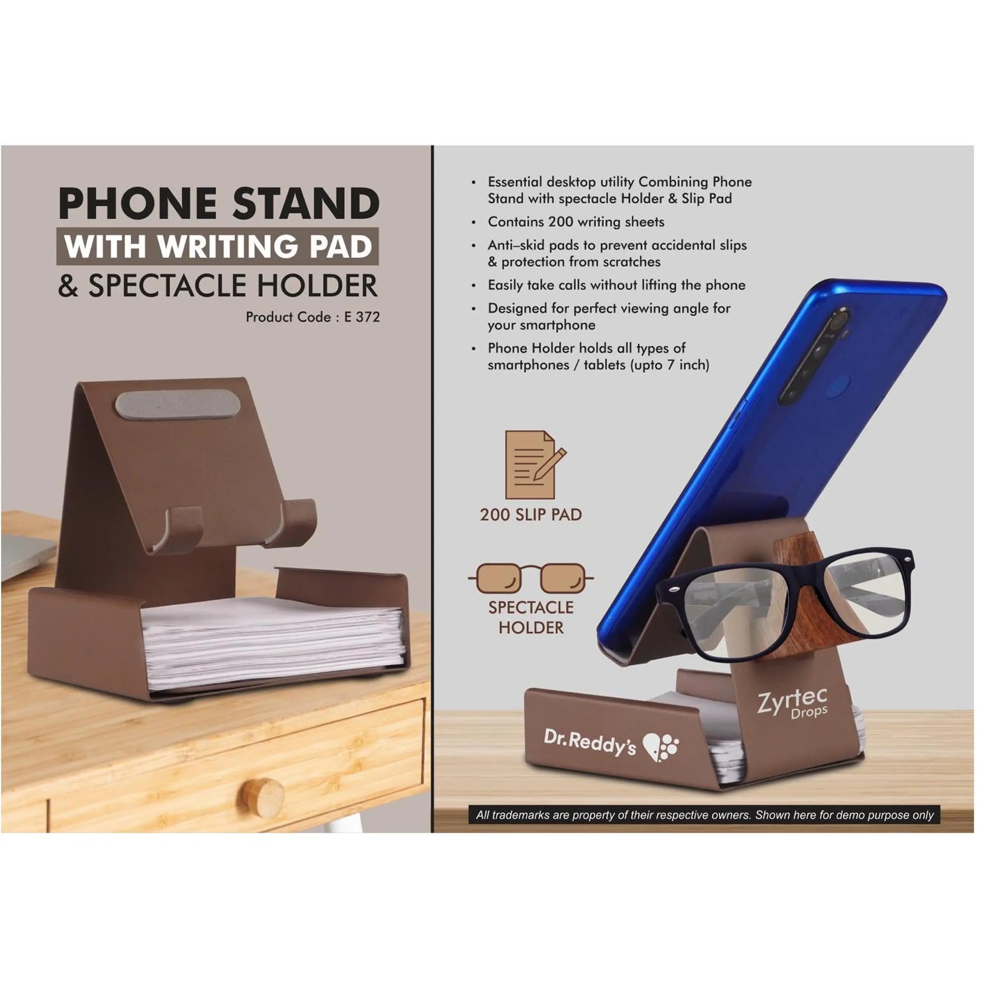 Metal Phone stand with Writing pad & Spectacle holder | 200  writing sheets | Perfect for glasses & goggles - E 372 MARSH Corporate gifts