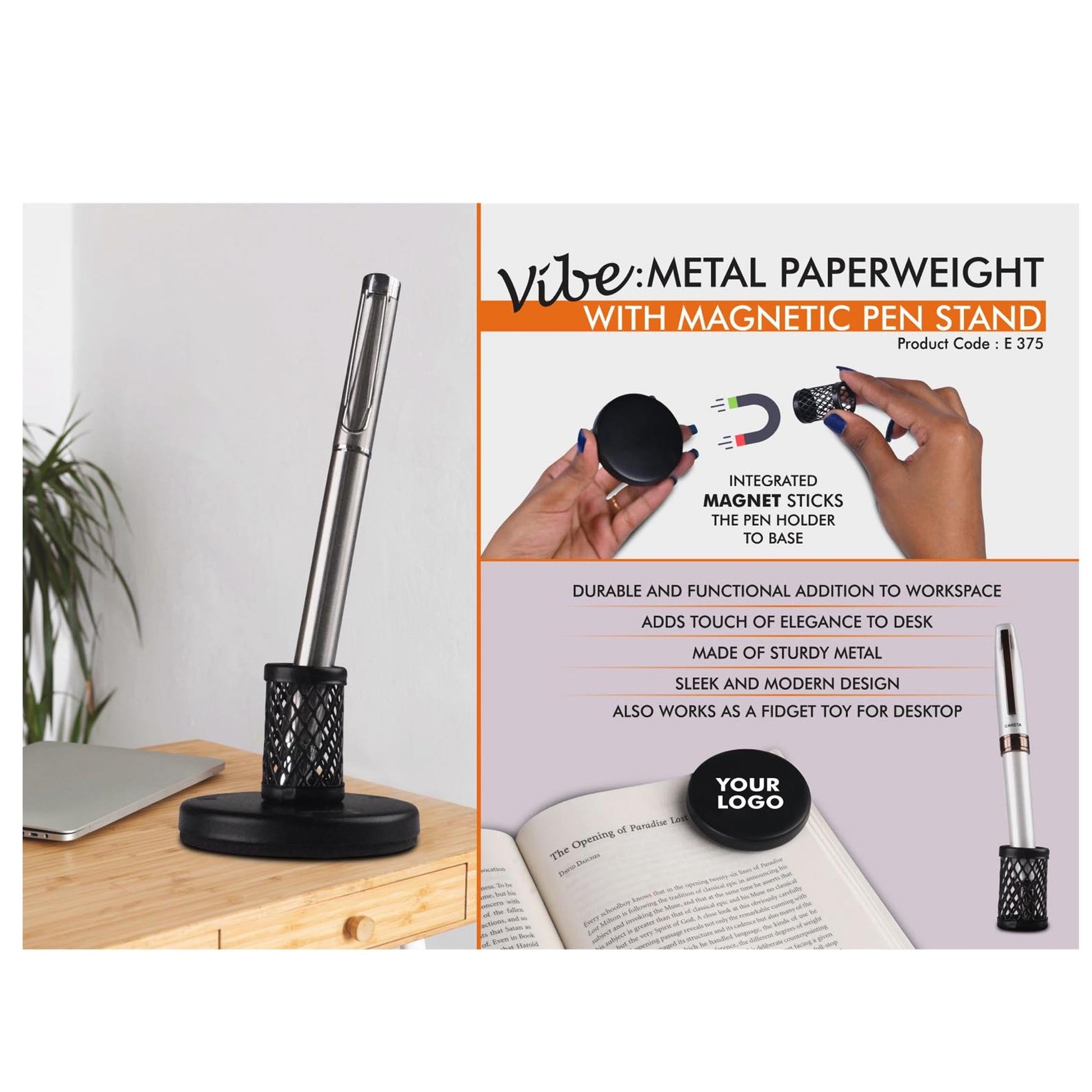 Vibe: Metal Paperweight with Magnetic Pen Stand  - E 375 MARSH Corporate gifts