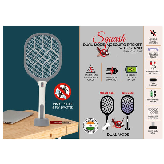 Squash: Dual Mode Mosquito racket with stand | UV Light I  Insect Killer & Fly Swatter I 1200 mAh rechargeable Battery - E 386 MARSH Corporate gifts