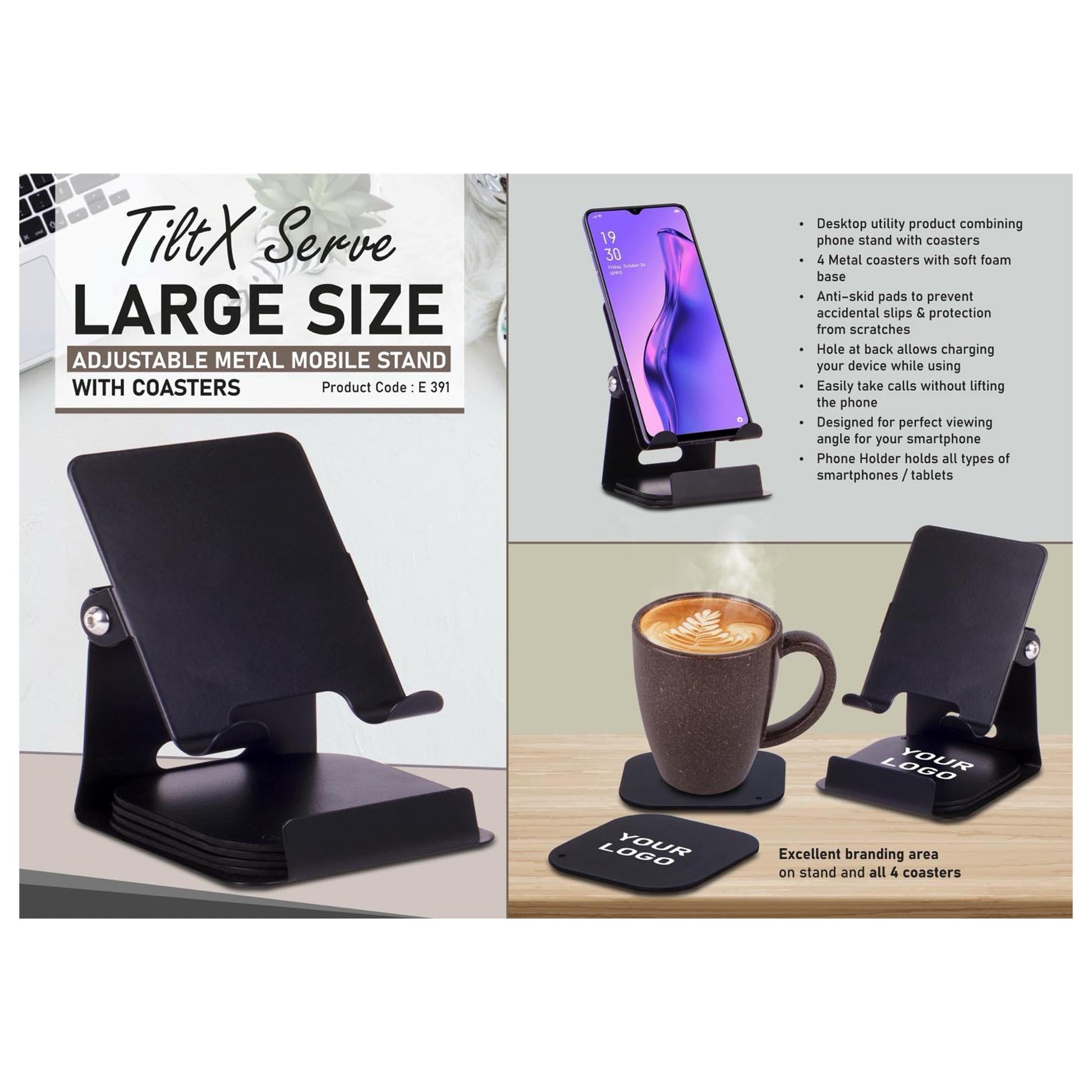 TiltX Serve- Large size Adjustable metal mobile stand with table  coasters | 4 metal coaster - E  391 MARSH Corporate gifts
