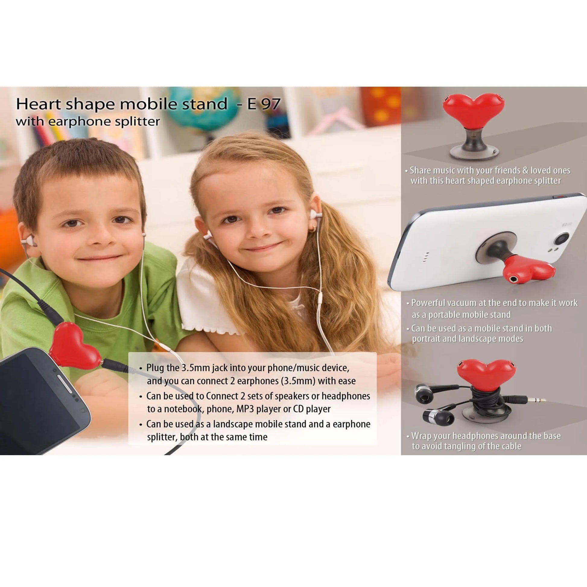 Heart shape vacuum mobile stand with earphone splitter  -  E 97 MARSH Corporate gifts