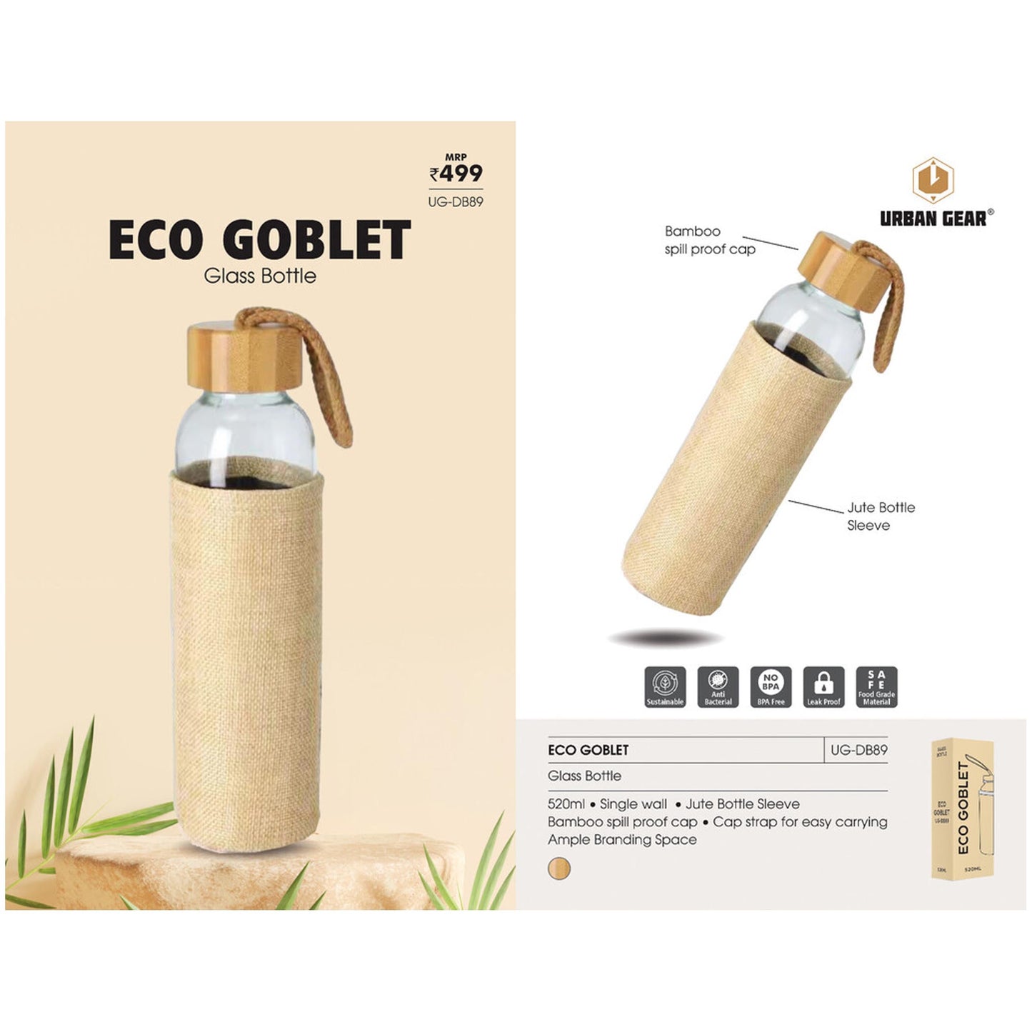 URBAN GEAR - Eco Goblet - Glass Bottle (520ml)  - UG-DB89 MARSH Corporate gifts