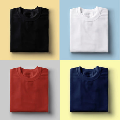 Folded plain t-shirts in black, white, red, and navy, ideal for corporate gifts