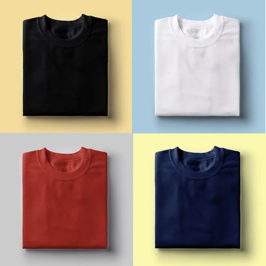 Folded plain t-shirts in black, white, red, and navy, ideal for corporate gifts