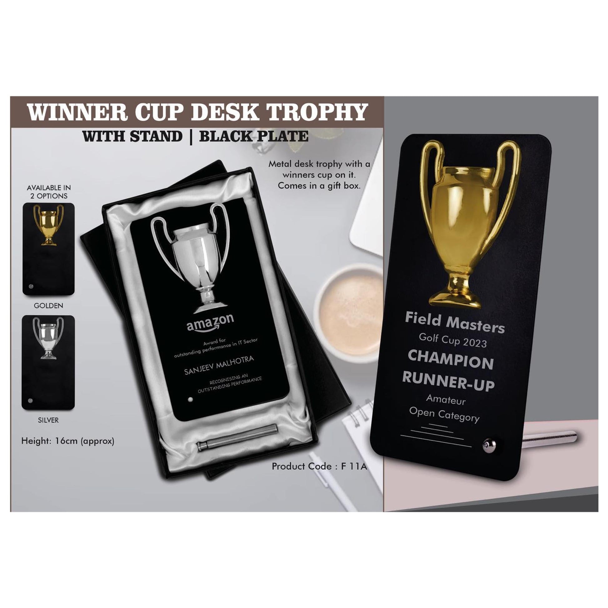 Winner Cup Desk Trophy with stand | Shiny Chrome Cup with  Black Plate  - F 11A MARSH Corporate gifts