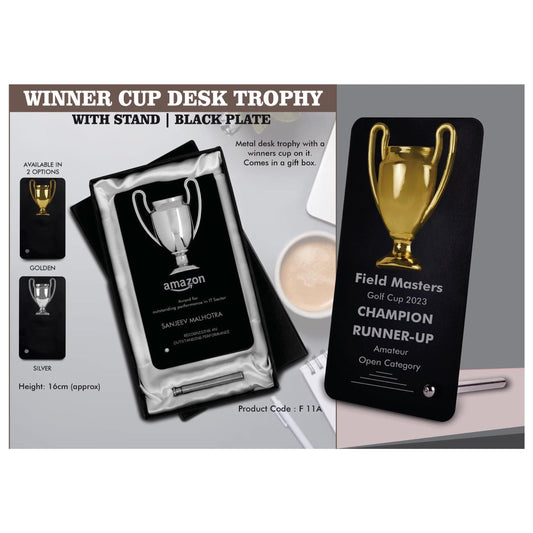 Winner Cup Desk Trophy with stand | Shiny Chrome Cup with  Black Plate  - F 11A MARSH Corporate gifts