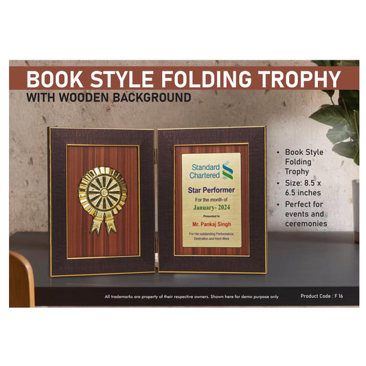 Book Style Folding Trophy with Award Motif | 8.5 x 6.5" |  Wooden Background - F 16 MARSH Corporate gifts
