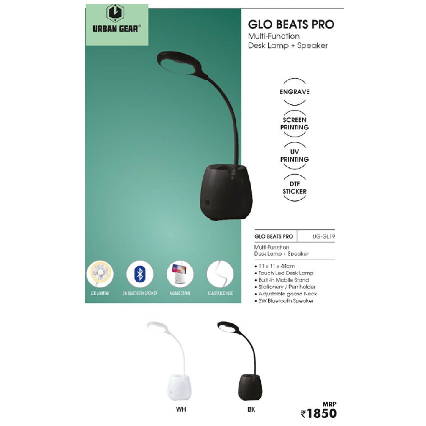 URBAN GEAR - Glo Beats Pro - Multi-Function Desk Lamp + Speaker - UG-GL19