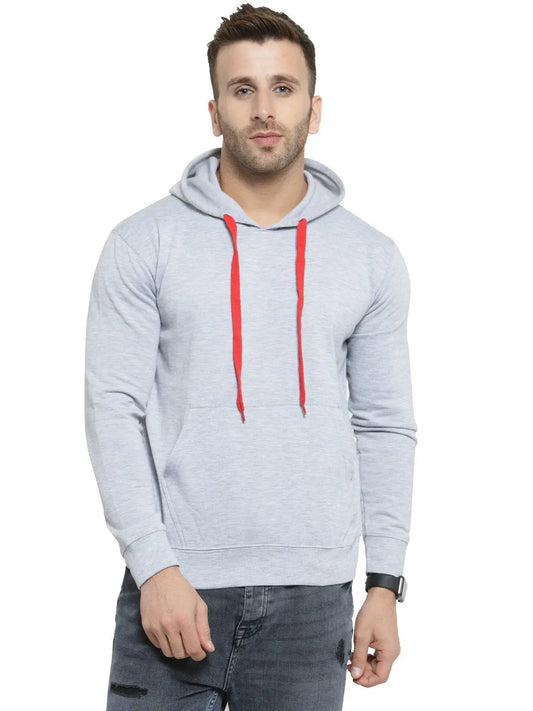 Light grey hoodie with red drawstrings modeled by a man, casual corporate apparel