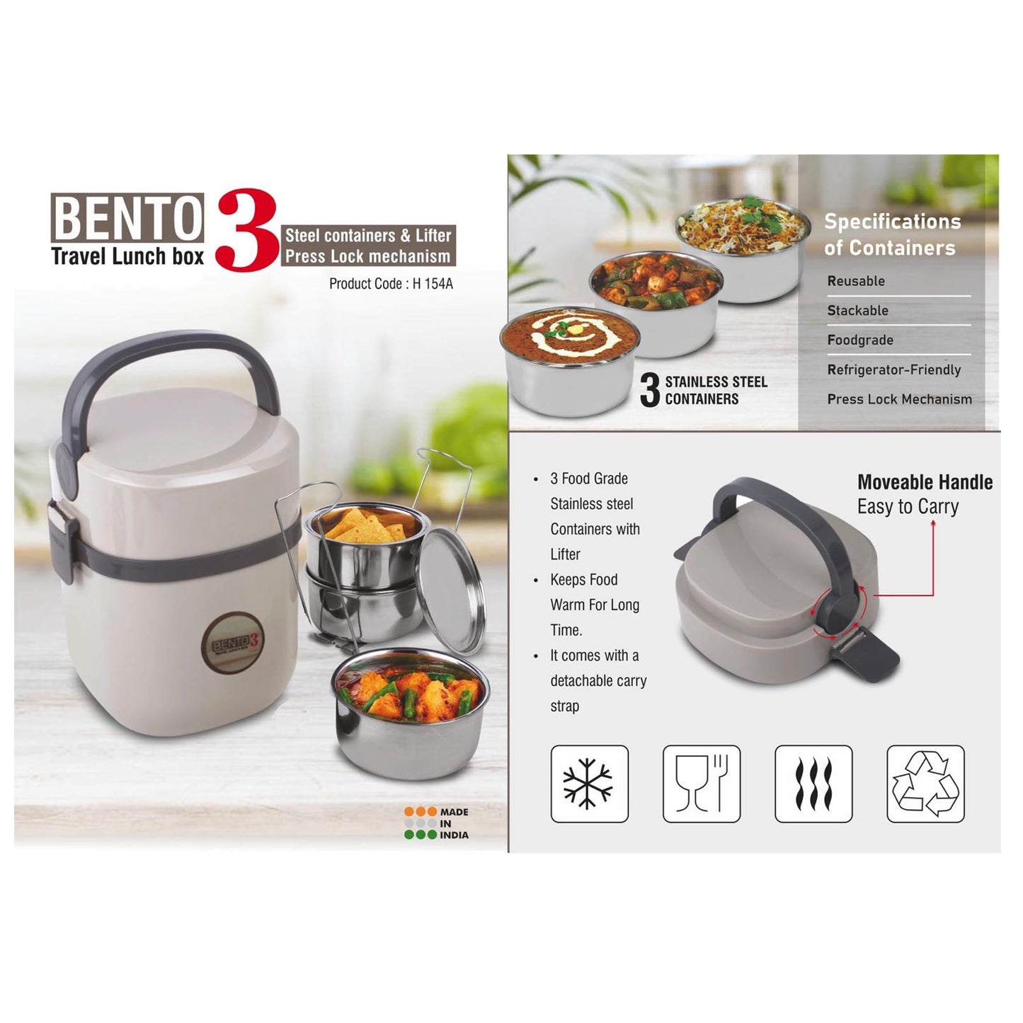 Bento Travel Lunch box with 3 Steel containers & Lifter | Press  Lock mechanism  - H 154 A MARSH Corporate gifts