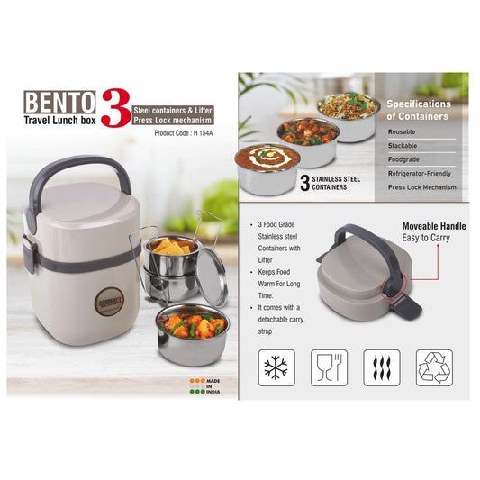 Bento Travel Lunch box with 3 Steel containers & Lifter | Press  Lock mechanism  - H 154 A MARSH Corporate gifts