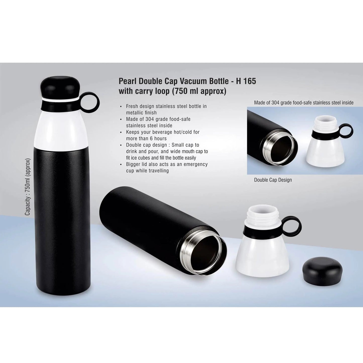 Pearl Double cap Vacuum bottle in metallic finish with carry loop (750 ml approx) - H 165 MARSH Stationery