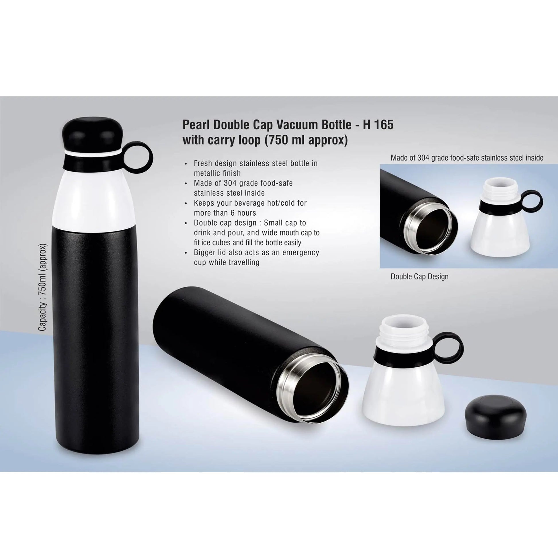 Pearl Double cap Vacuum bottle in metallic finish with carry loop (750 ml approx) - H 165 MARSH Stationery