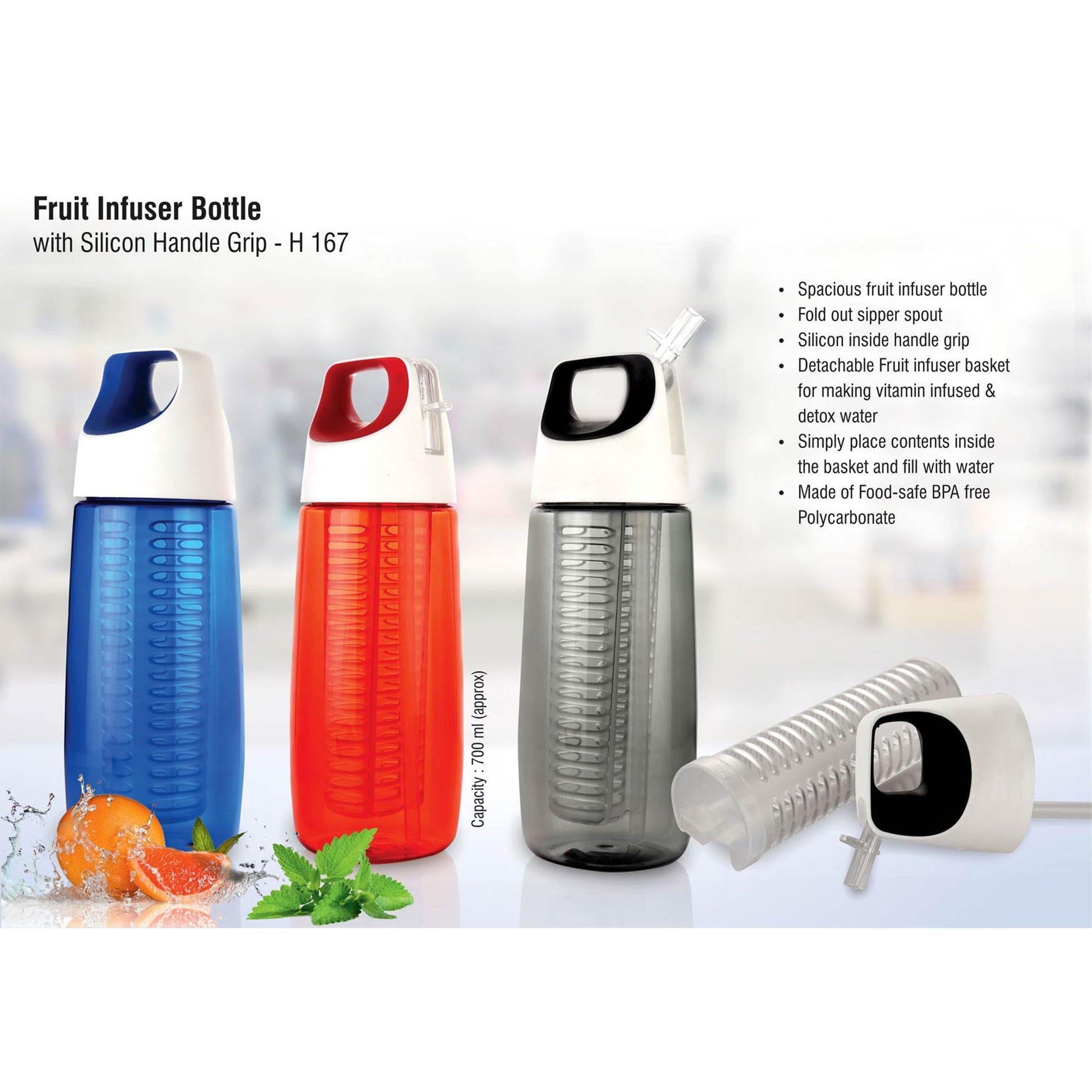Fruit infuser bottle with silicon handle grip (700ml approx) | BPA free - H 167 MARSH Stationery