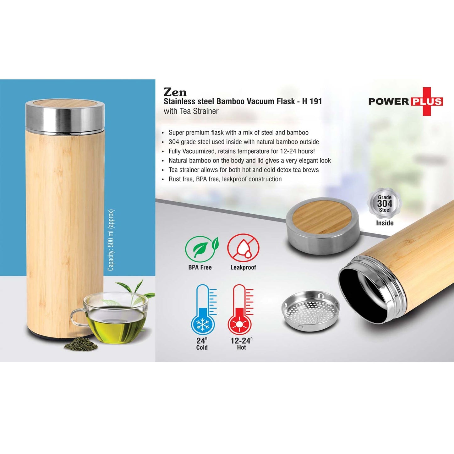 Zen: Stainless steel Bamboo Vacuum flask with Tea Strainer | Capacity 500 ml approx   -  H 191 A MARSH Stationery