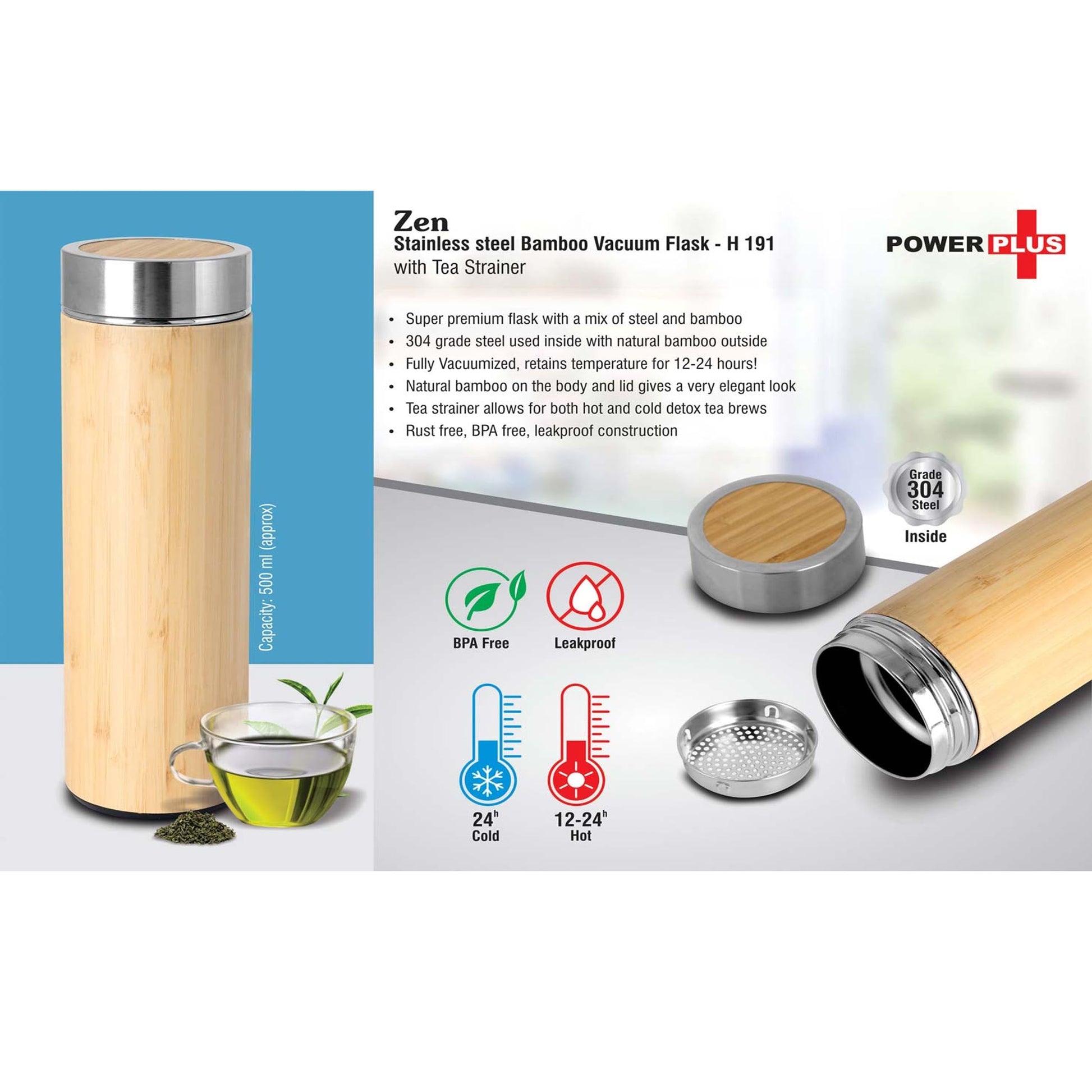 Zen: Stainless steel Bamboo Vacuum flask with Tea Strainer | Capacity 500 ml approx   -  H 191 A MARSH Stationery