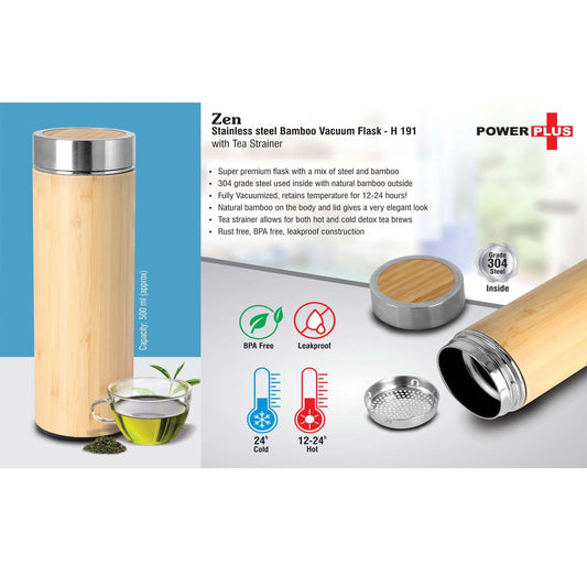 Zen: Stainless steel Bamboo Vacuum flask with Tea Strainer | Capacity 500 ml approx   -  H 191 A MARSH Stationery