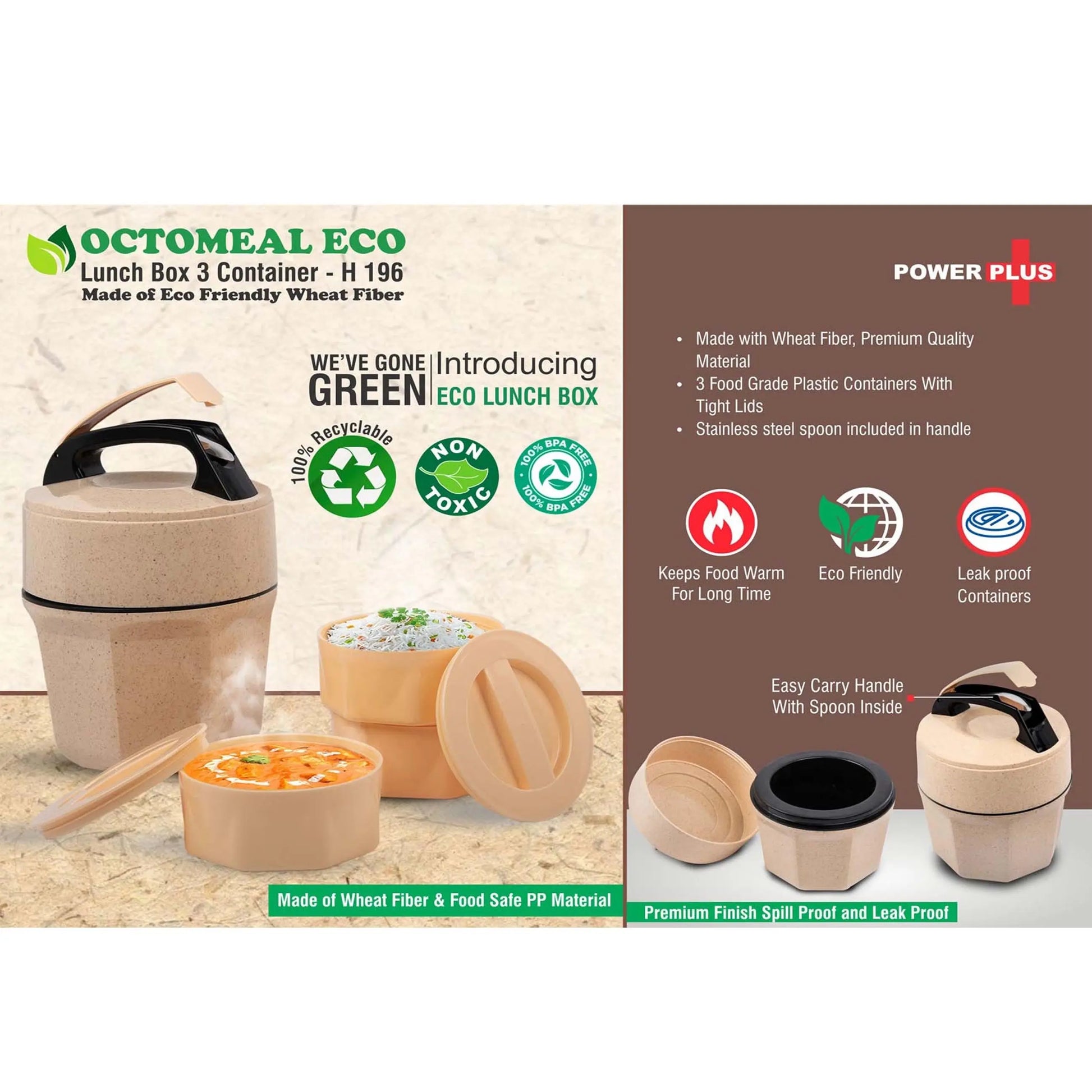 Octomeal Eco: 3 Plastic container lunch box with spoon | Made from Eco friendly material | -  H 196 MARSH Stationery