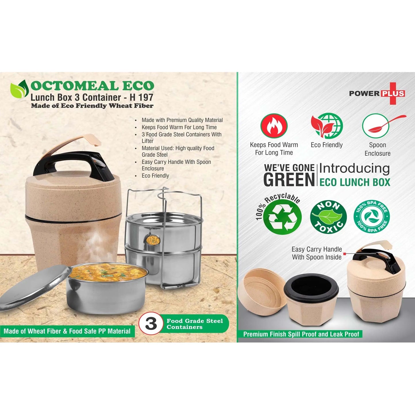 Octomeal Eco: 3 Steel container lunch box with spoon | Made from Eco friendly material | -  H 197 MARSH Stationery