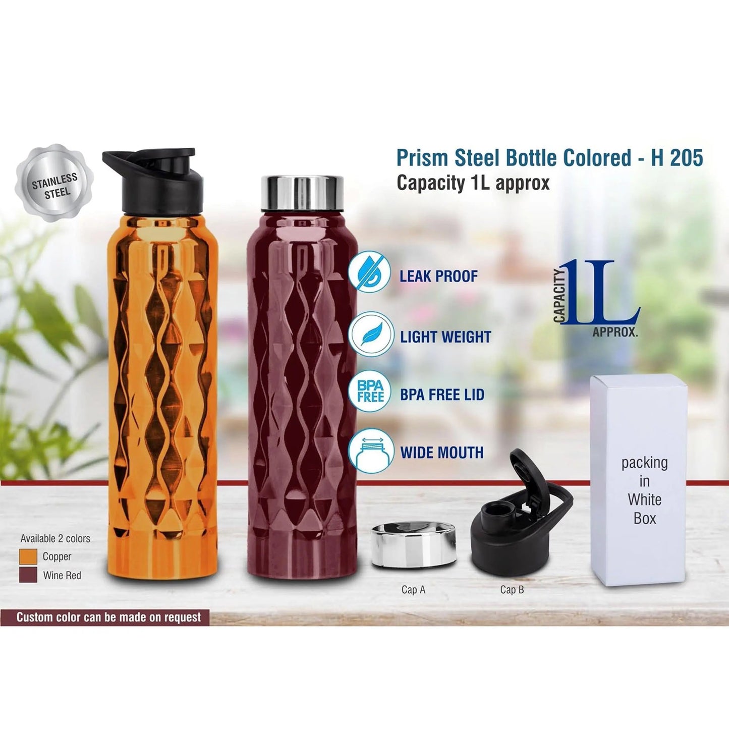 Prism steel bottle Colored | Capacity 1L approx  -  H 205 MARSH Stationery