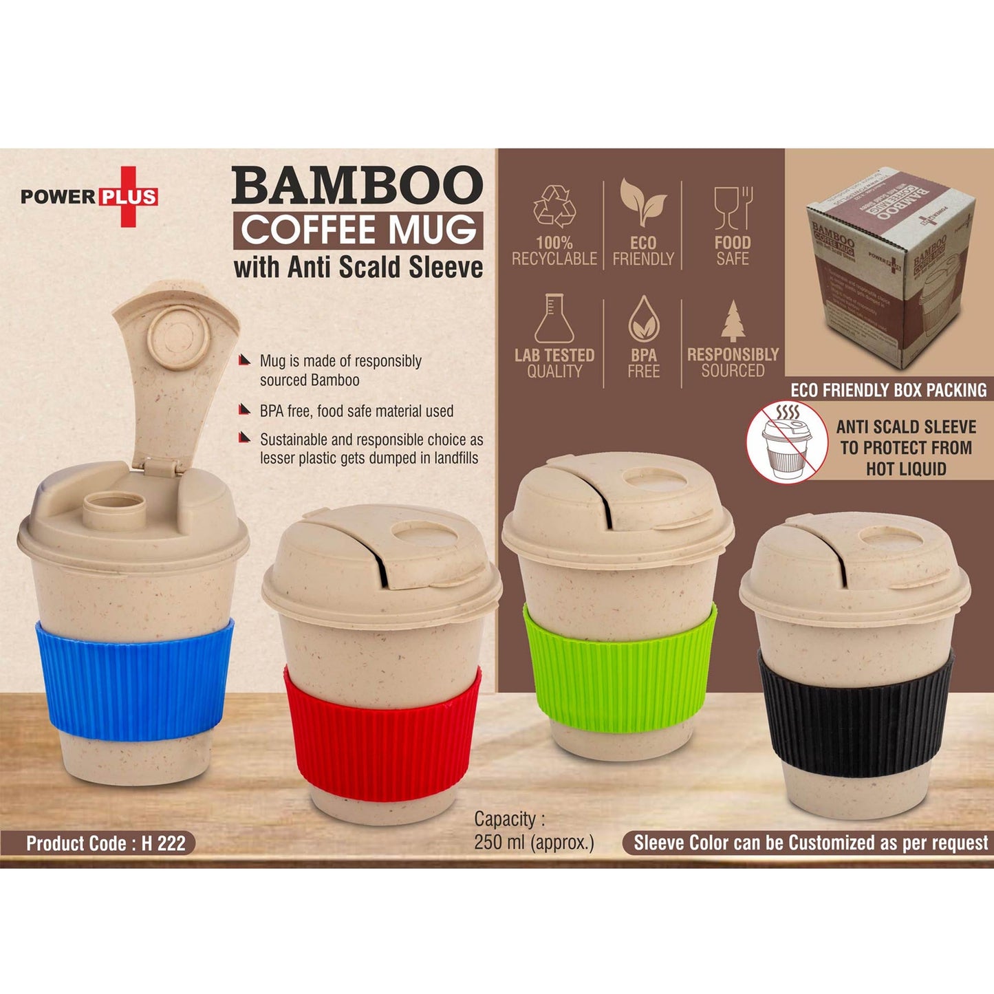 Bamboo Coffee mug: Eco friendly mug with flip top Lid and Anti-Scald sleeve | Capacity 250 ml   -  H 222 MARSH Stationery