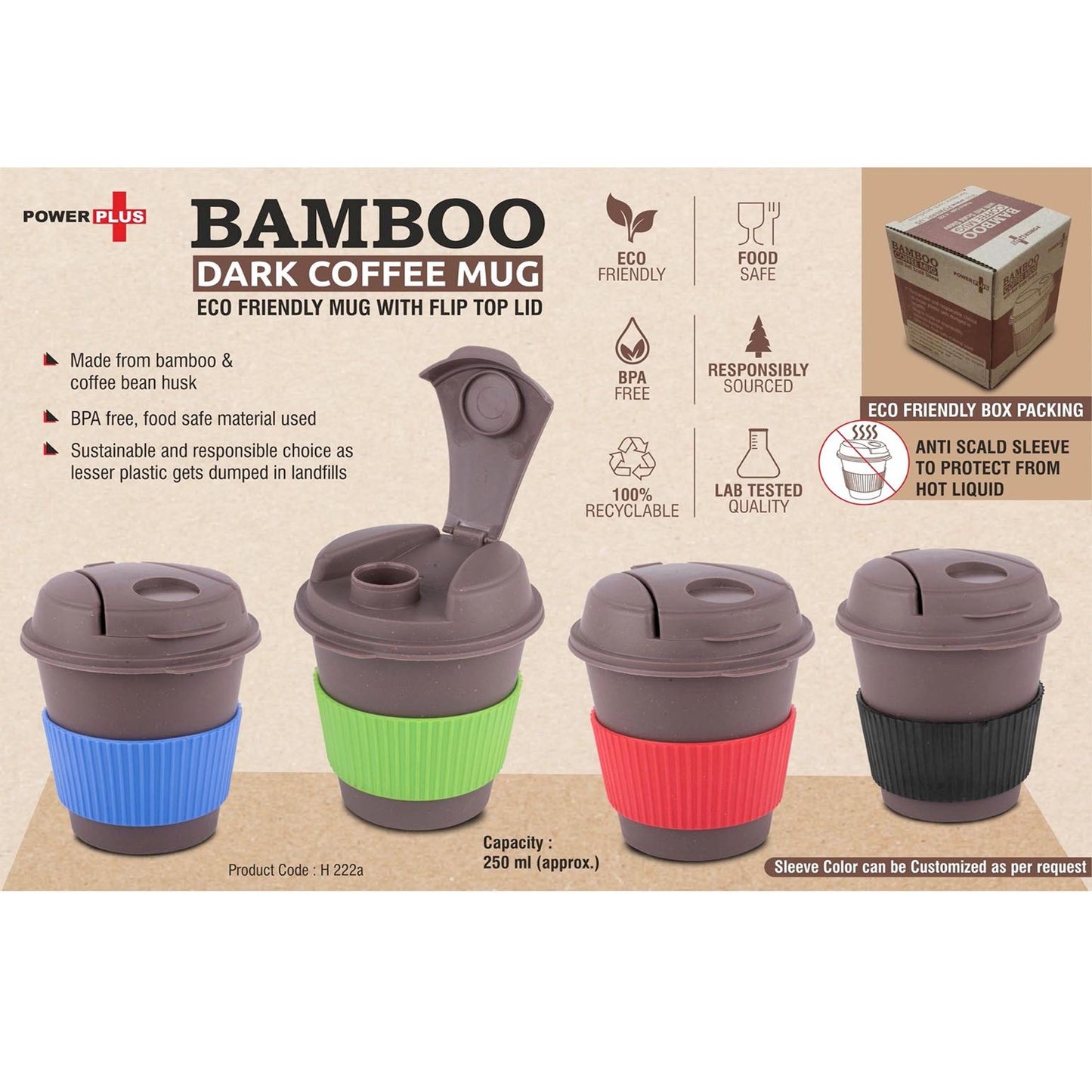 Bamboo Dark Coffee mug: Eco friendly mug with flip top Lid and Anti-Scald sleeve | Capacity 250 ml-  H 222A MARSH Stationery