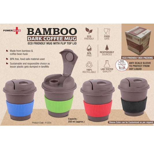 Bamboo Dark Coffee mug: Eco friendly mug with flip top Lid and Anti-Scald sleeve | Capacity 250 ml-  H 222A MARSH Stationery