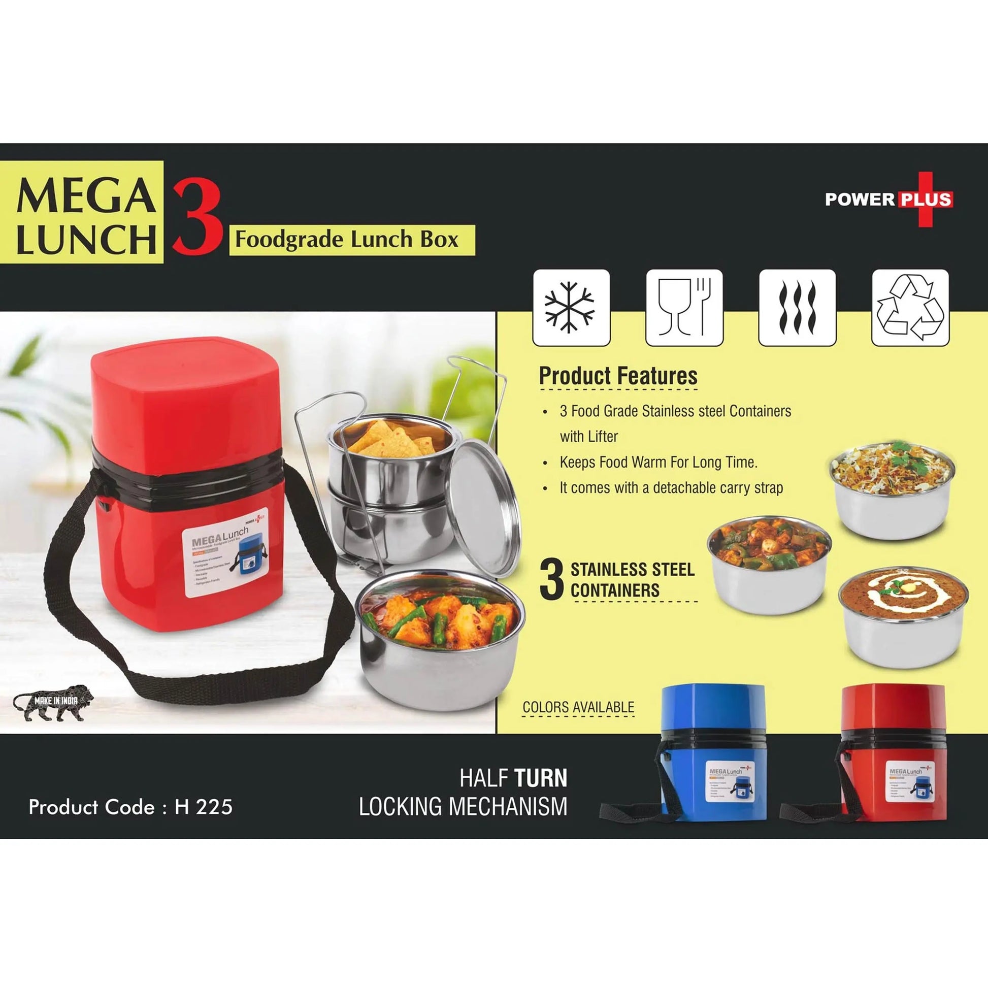 Power Plus Mega Steel Lunch Box- 3 Stainless steel containers with lifter  -  H 225 MARSH Stationery