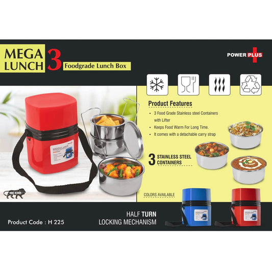 Power Plus Mega Steel Lunch Box- 3 Stainless steel containers with lifter  -  H 225 MARSH Stationery