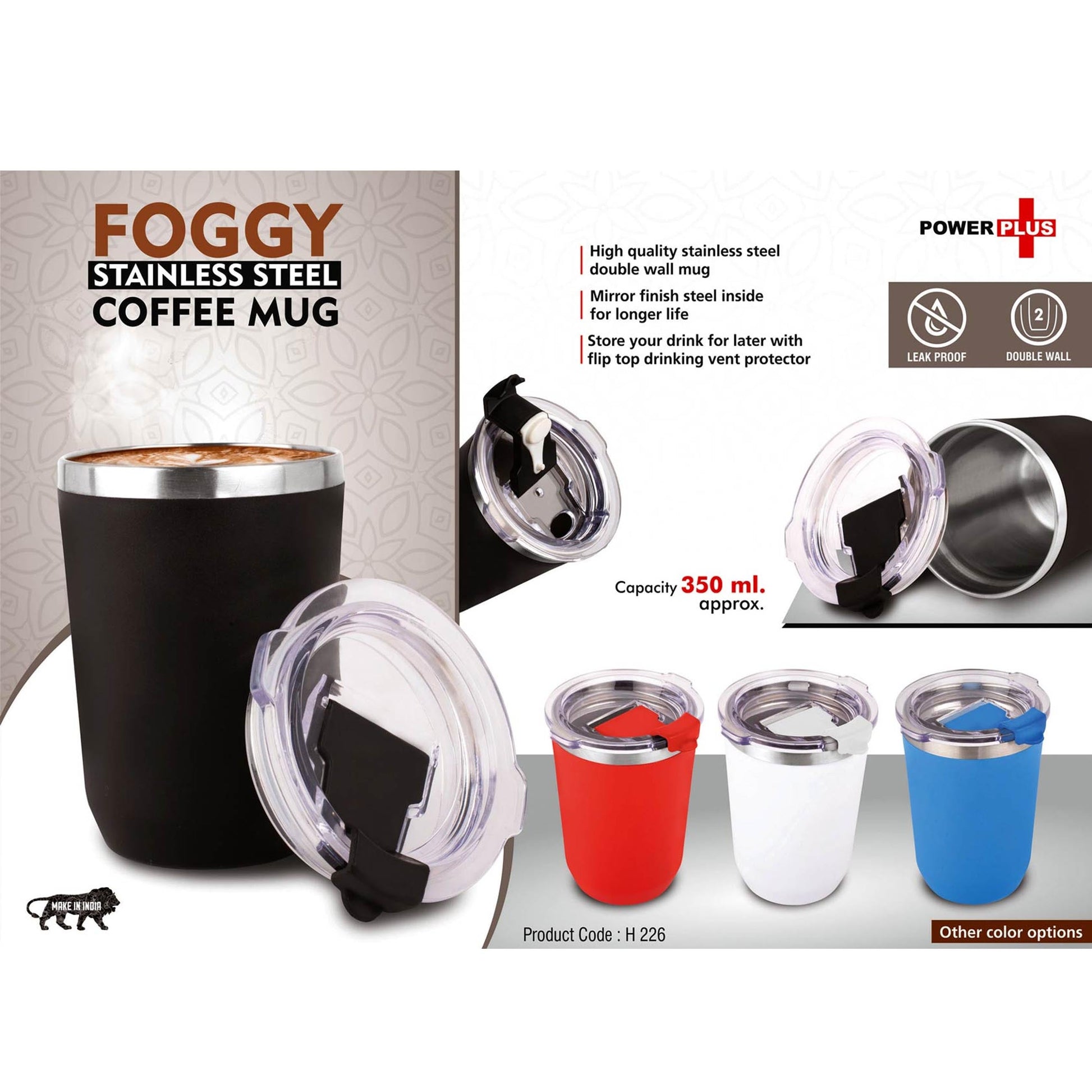 Foggy: Stainless Steel coffee mug | Premium clear cap with flip top lid | Leakproof | Capacity 350ml  -  H 226 MARSH Stationery