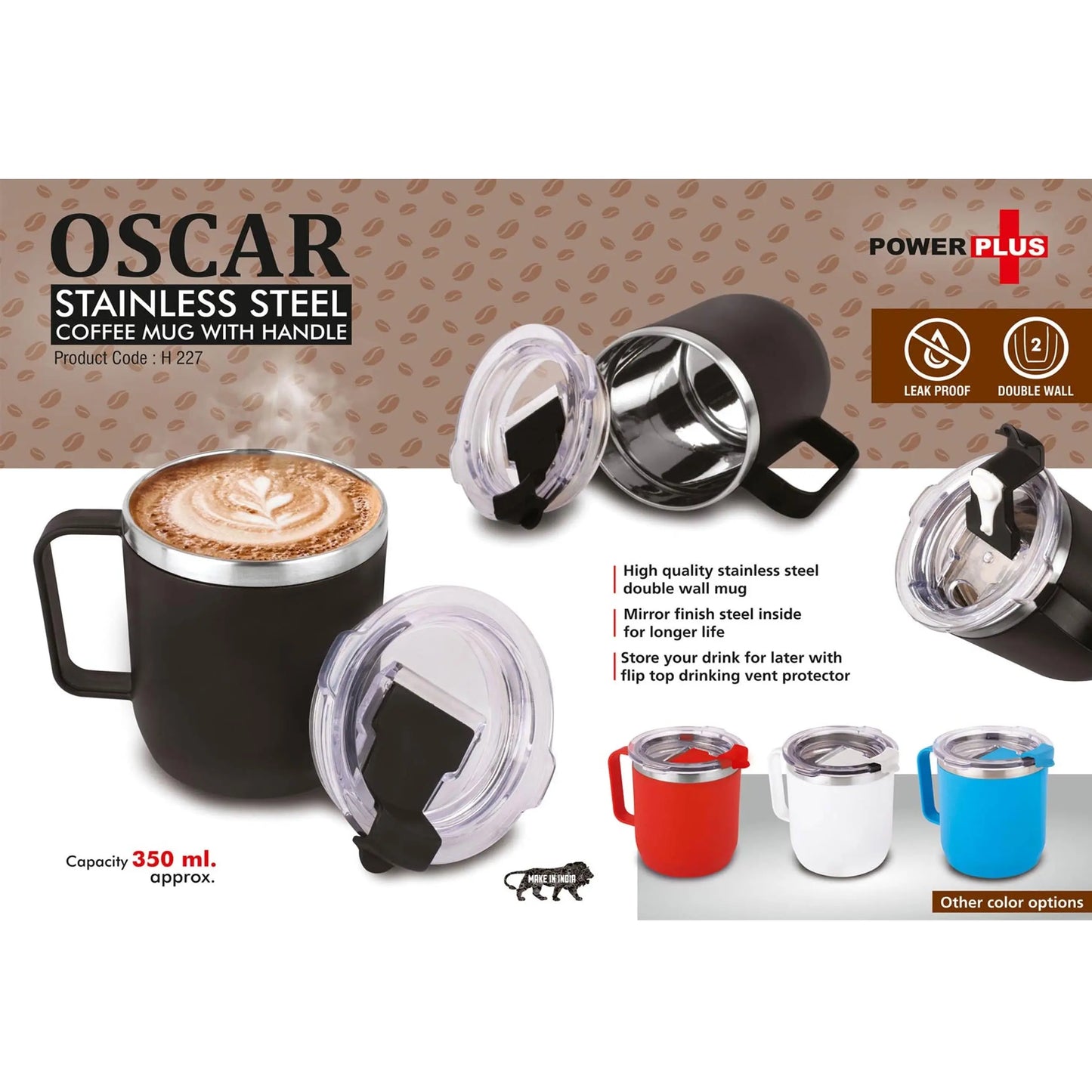 Oscar: Stainless Steel coffee mug with handle  Premium clear cap with flip top lid | Leakproof | Capacity 350ml approx -  H 227 MARSH Stationery
