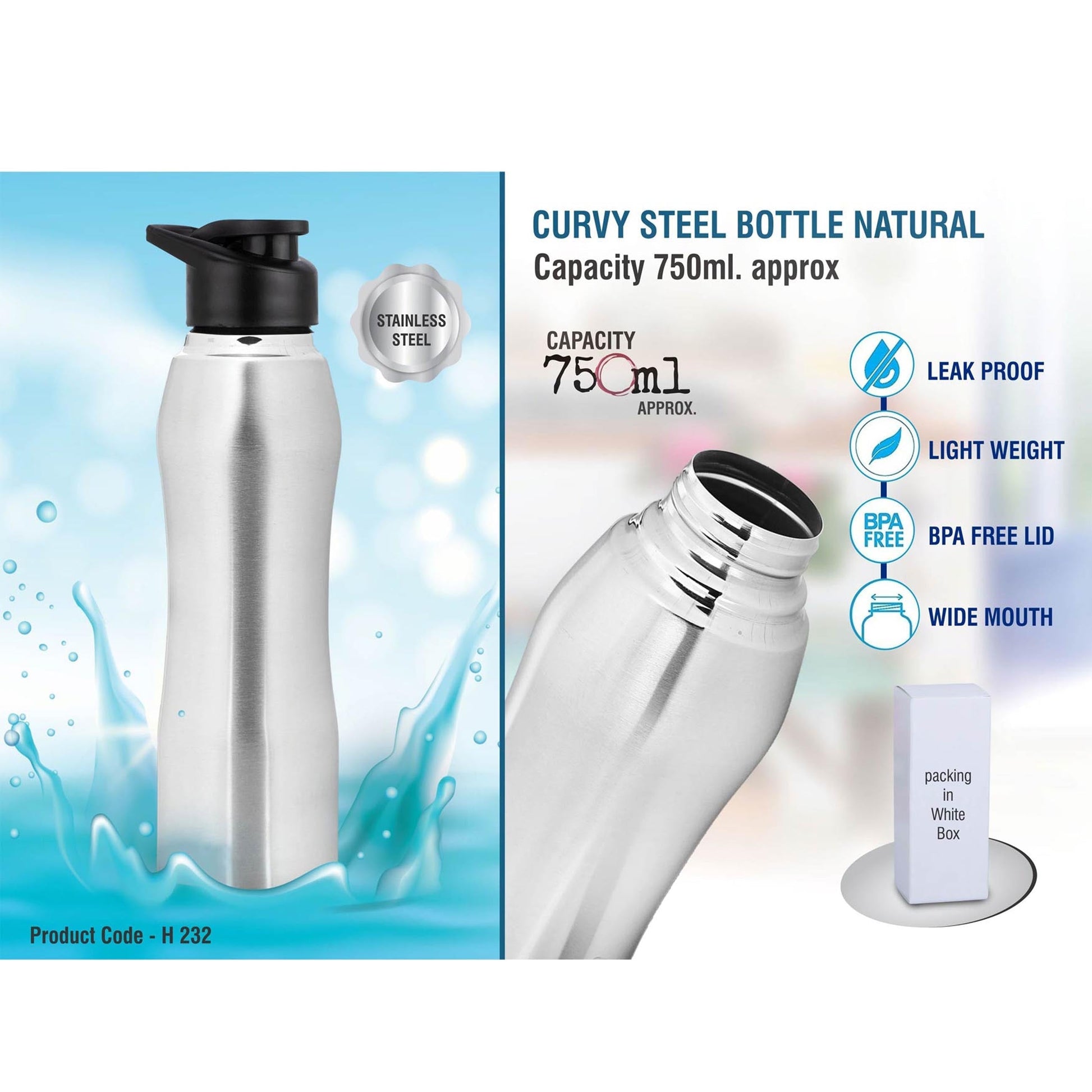 Curvy steel bottle Natural | Capacity 750ml approx   -  H 232 MARSH Stationery