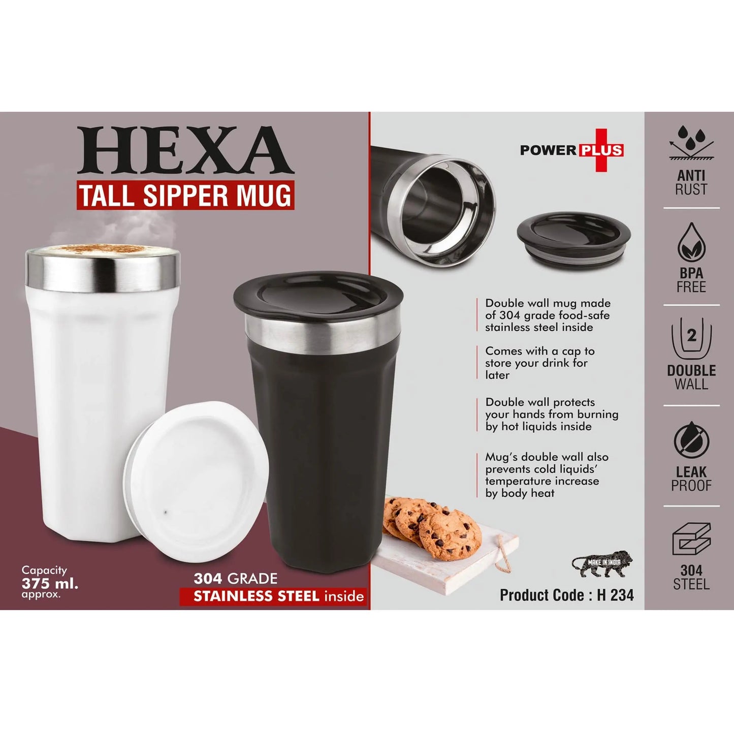 Hexa : Tall sipper mug | 304 grade Stainless steel inside | Capacity 375ml approx -  H 234 MARSH Stationery