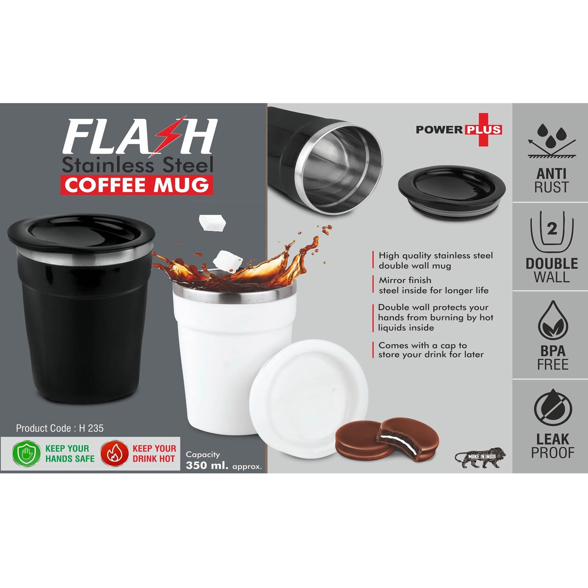 Flash: Stainless Steel Coffee mug | 4 panel design | Leakproof | Capacity 350ml approx -  H 235 MARSH Stationery