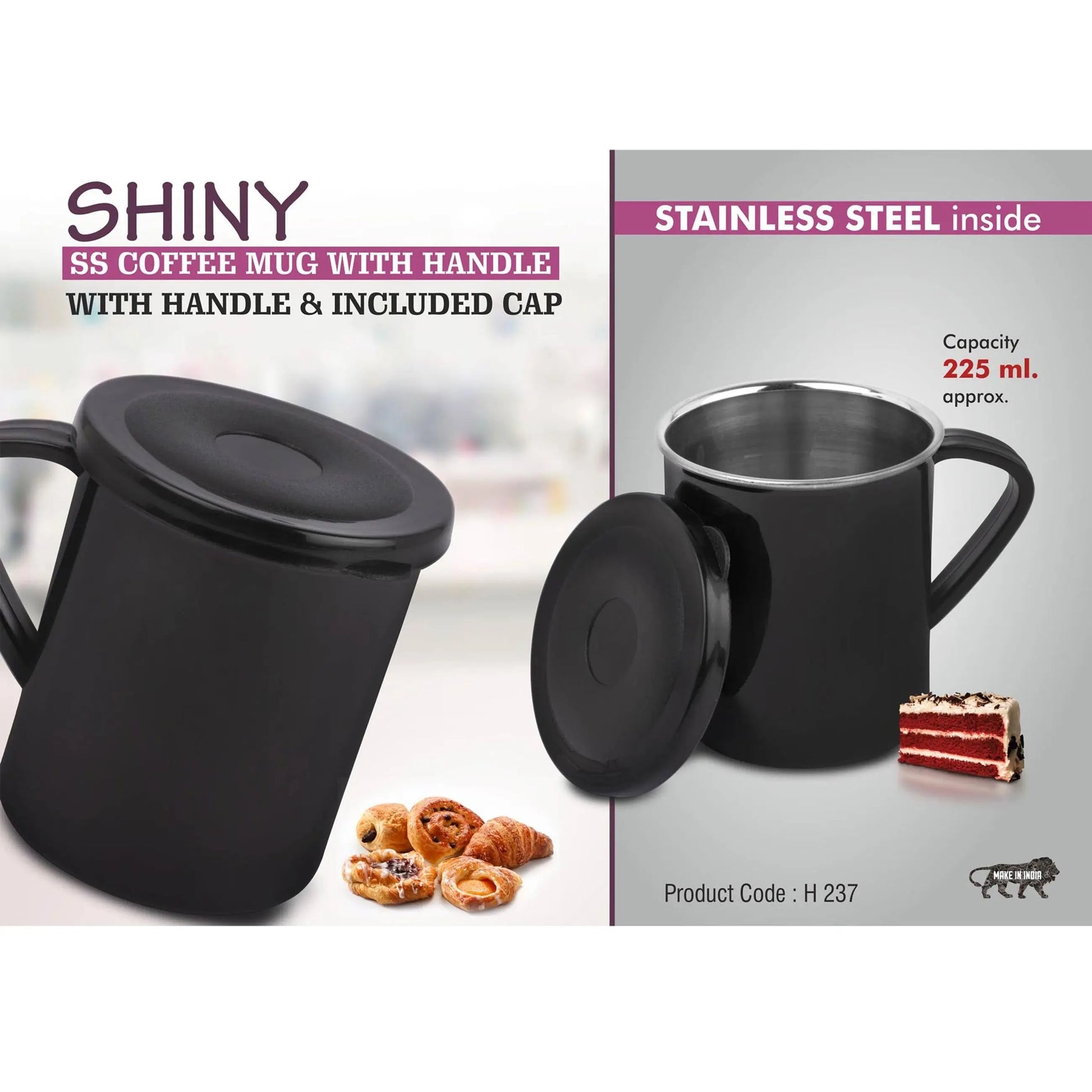 Shiny SS Coffee mug with handle | Cap included | Capacity 225ml approx  -  H 237 MARSH Stationery