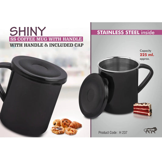 Shiny SS Coffee mug with handle | Cap included | Capacity 225ml approx  -  H 237 MARSH Stationery