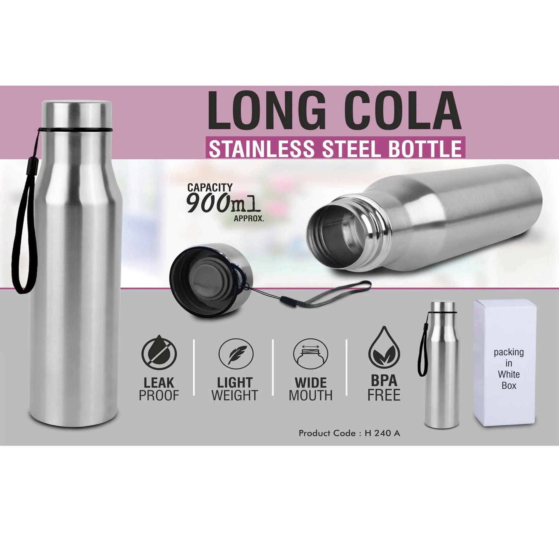 Long cola stainless steel bottle with carry strap | Capacity 900ml approx  -  H 240A MARSH Stationery