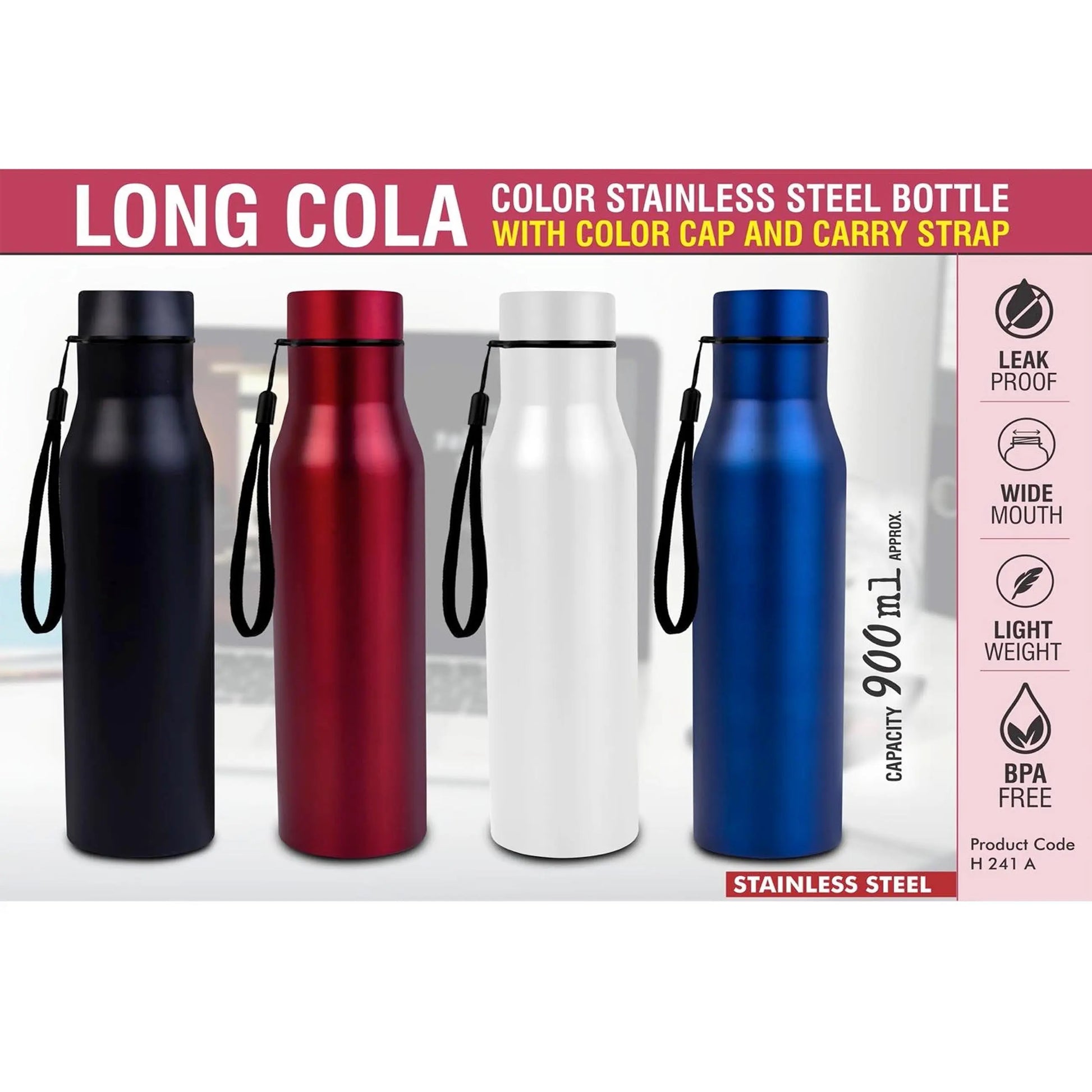 Long Cola Colored Stainless steel bottle | With Colored Cap & Carry strap | Capacity 900ml approx  -  H 241A MARSH Stationery