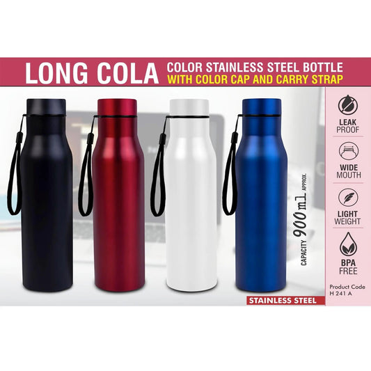 Long Cola Colored Stainless steel bottle | With Colored Cap & Carry strap | Capacity 900ml approx  -  H 241A MARSH Stationery