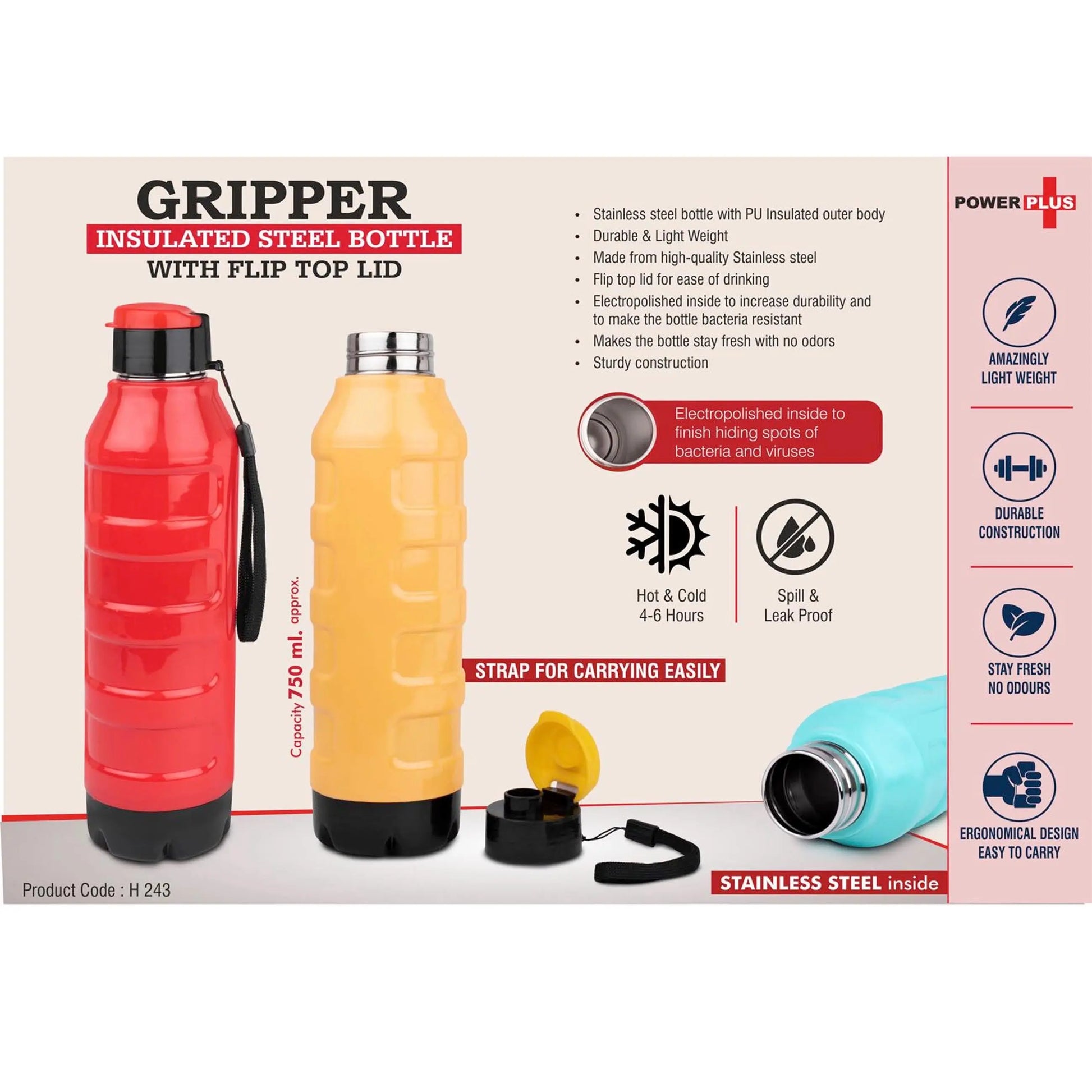 Gripper: Insulated Steel Bottle with Flip top lid | Keeps Hot & Cold for 4-6 Hours | Strap for Carrying easily | Capacity 750 ml approx  -  H 243 MARSH Stationery