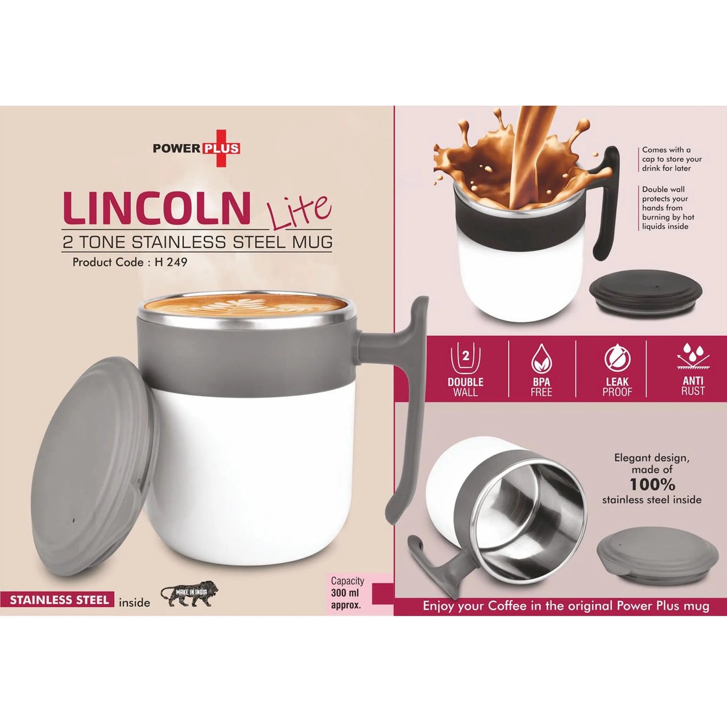 Lincoln : 2 Tone Stainless steel Mug with Lid | Leak proof | BPA Free | Capacity 300 ml approx -  H 249 MARSH Stationery