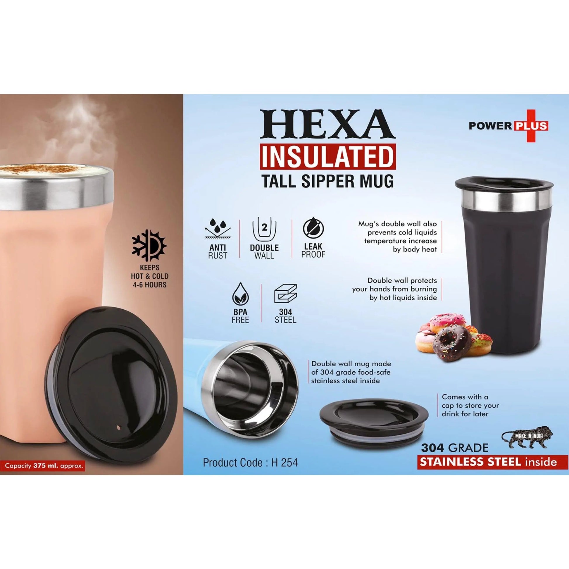 Hexa Insulated : Tall sipper mug with temperature retention | 304 grade Stainless steel inside | Keeps hot upto 4 hours | Capacity 375ml approx  -  H 254 MARSH Stationery