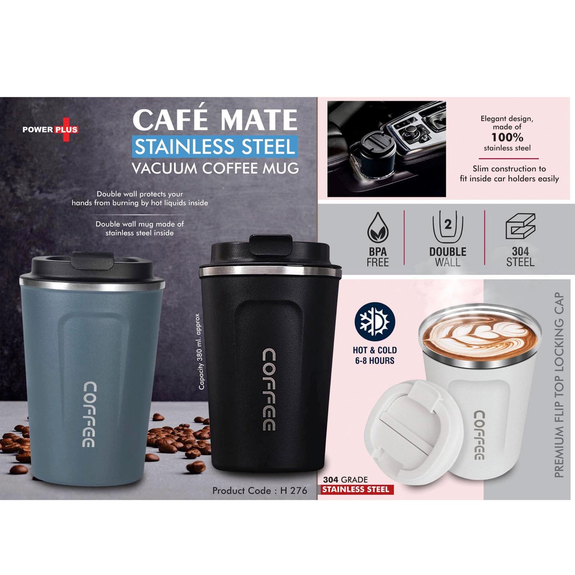 Cafe Mate: Stainless Steel Vacuum coffee mug | Premium Flip top locking cap | Capacity 380ml approx -  H 276 MARSH Stationery
