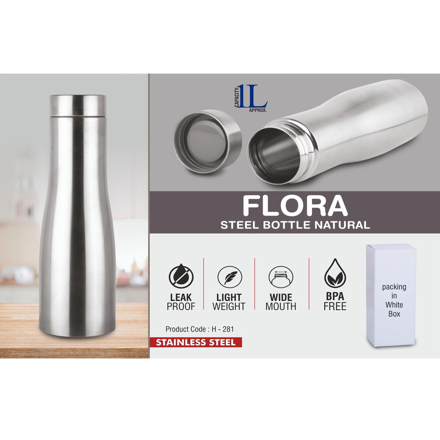 Flora Steel bottle Natural | Capacity 1L approx -  H 281 MARSH Stationery